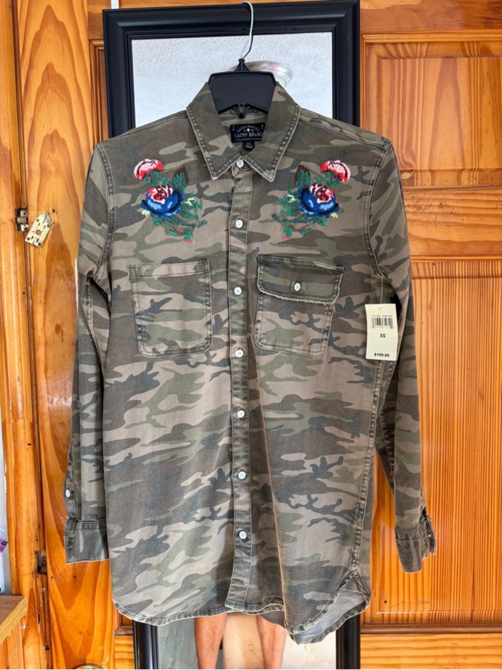 Lucky Brand Embroidered Flowers Camo Utility Jacket